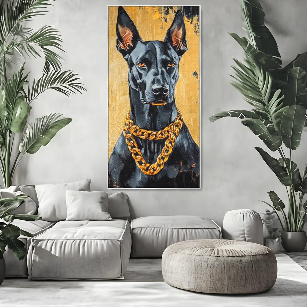 Tablou canvas cu tablou canvas cu doberman negru, in rama de aluminiu argintiu, pe perete intr-un living